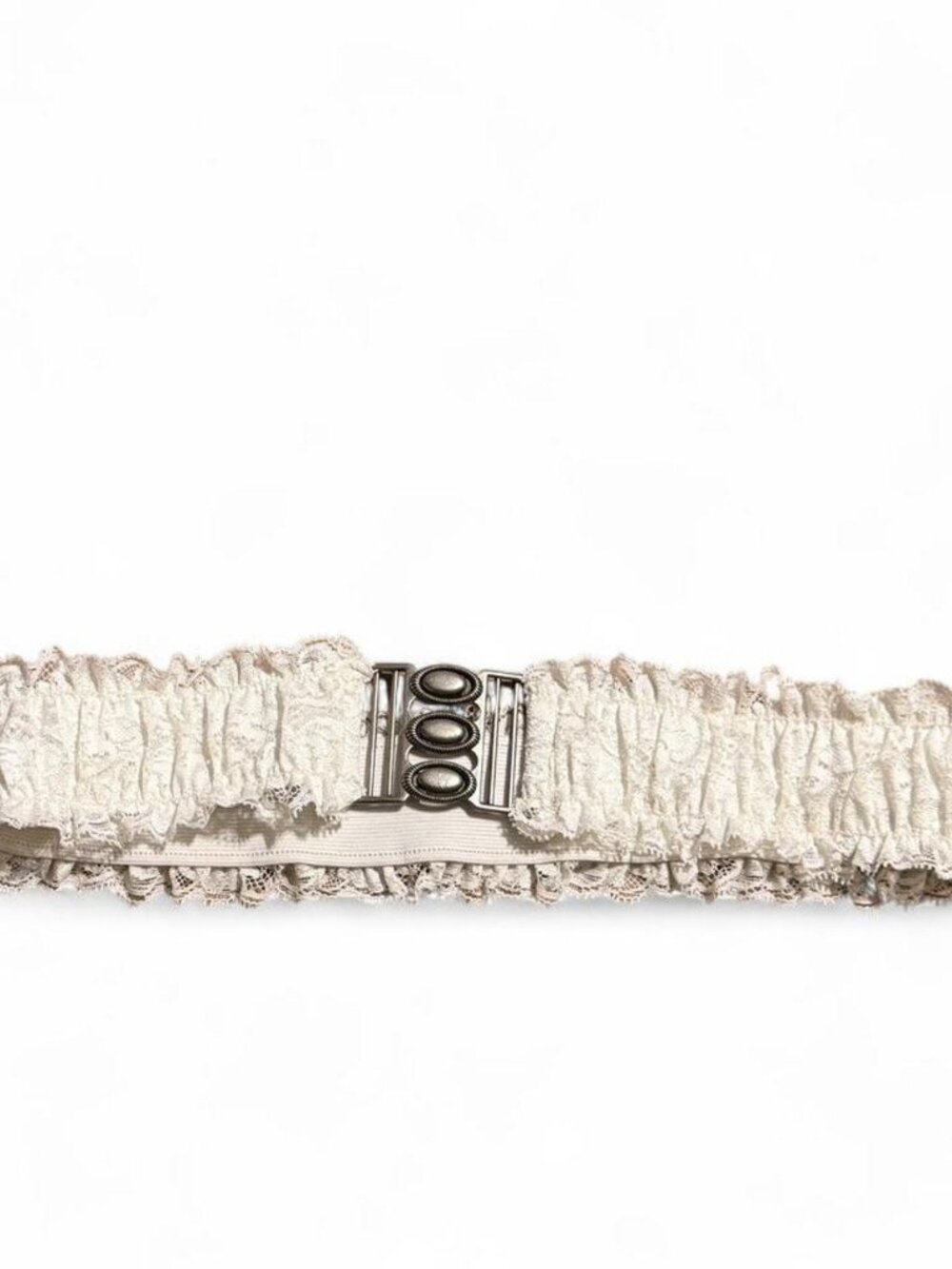 Cream Lace Wide Stretch Belt with Silver Buckle Size M
